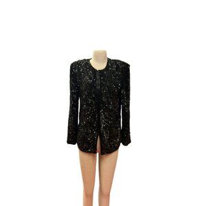 Vintage Laurence Kazar Black Sequined Long-Sleeve Jacket Blazer Evening Coat For